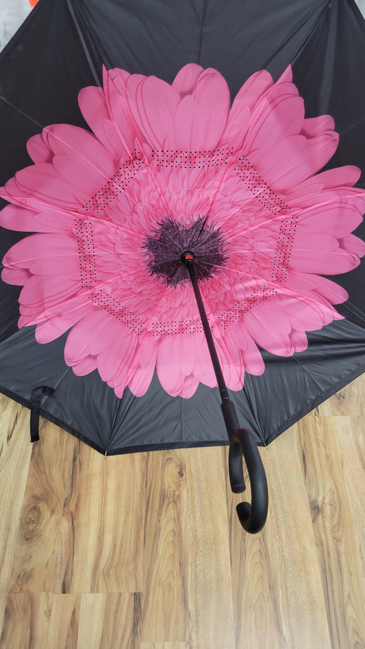 Pink on black Upside Down Umbrella